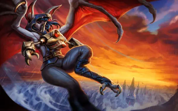 Against the Storm 4K Ultra HD PC desktop wallpaper: a horned, armored winged warrior dives above stormy seas toward a fiery sunset and jagged distant skyline.