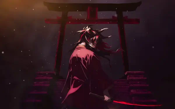 4K Ultra HD PC wallpaper of Yoriichi Tsugikuni from Demon Slayer: Kimetsu no Yaiba, standing before a torii gate with a glowing crimson blade in a moody night scene.
