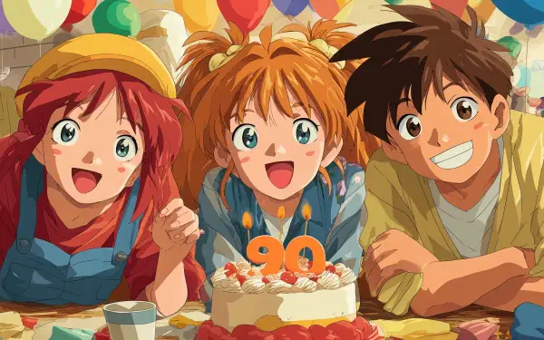 Anime birthday scene: three smiling anime friends leaning over a cake with 90 candle, colorful balloons — 4K Ultra HD PC Desktop Wallpaper and Background