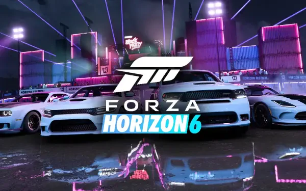 Forza Horizon 6 video game HD PC desktop wallpaper: three white sports cars under a neon-lit city skyline, Forza logo and HORIZON 6 title reflected on wet pavement.
