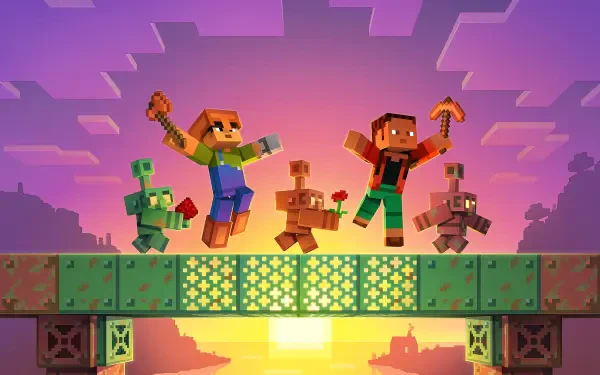 HD PC desktop wallpaper and background: Minecraft video game gaming art of blocky heroes and mobs leaping across a glowing bridge at sunset, pickaxes raised against a purple-orange sky.