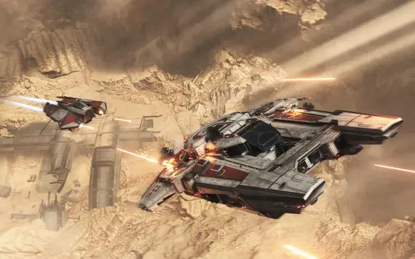 Video game Jump Space HD PC desktop wallpaper: a spaceship battle — two starfighters exchange laser fire over desert ruins with motion trails and explosions.