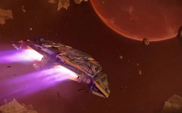 HD PC desktop wallpaper from the video game Jump Space: sleek spaceship with purple engine trails racing through red, asteroid-strewn space beneath a glowing planet.