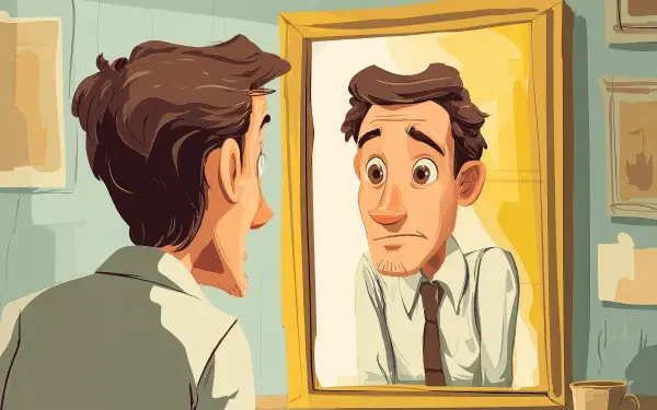 Artistic illustration of a man studying his reflection in a framed mirror — 4K Ultra HD PC desktop wallpaper and background.