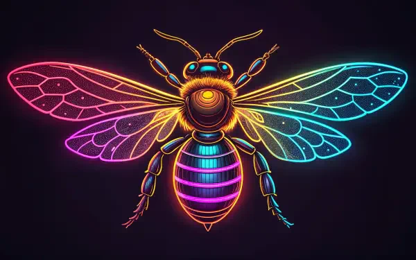 Vibrant neon multicolored stylized bumblebee on a dark backdrop, glowing wings and striped body in radiant lines — 4K Ultra HD PC desktop wallpaper and background.