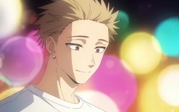 Anime HD PC wallpaper: Rintarou Tsumugi from The Fragrant Flower Blooms With Dignity — blond young man smiling softly against warm, colorful bokeh lights.