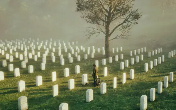 2K Quad HD desktop wallpaper of Metal Gear Solid 3: Snake Eater — Snake stands among rows of white headstones beneath a misty tree in a solemn graveyard.