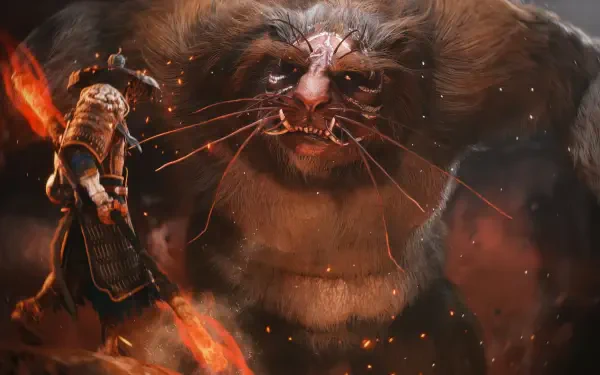 2K Quad HD PC wallpaper: video game Black Myth: Wukong boss fight — hero confronts a towering, snarling beast in an intense stare-down.