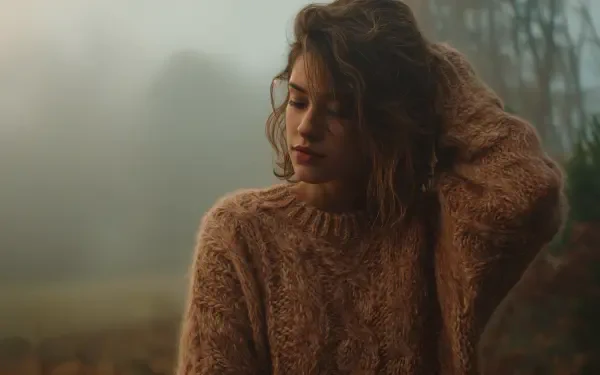 Woman in a fuzzy brown sweater tucks her hair in a foggy wood — sweater weather mood; 4K Ultra HD PC desktop wallpaper and background.