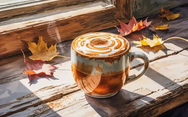 4K Ultra HD PC desktop wallpaper: steaming pumpkin spice latte in a ceramic mug on a sunlit windowsill with scattered autumn leaves.