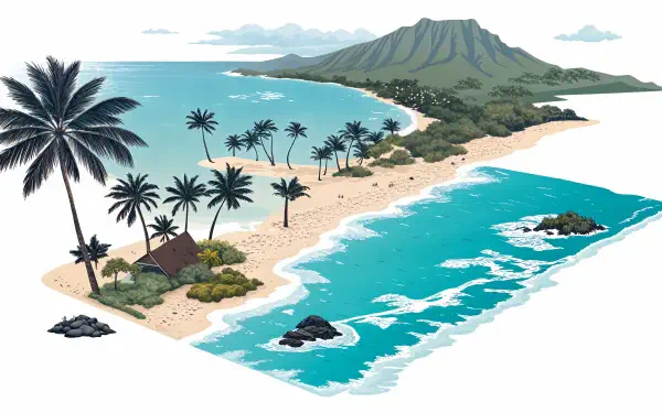 4K Ultra HD PC desktop wallpaper and background: stylized Hawaii beach with turquoise ocean, white sand, scattered palms, rocky islets and a distant volcanic ridge.