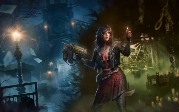 Tormented Souls 2 video game gaming art — dark gaming 4K Ultra HD PC wallpaper of a bloodied heroine clutching a lantern and mechanical weapon in a foggy, haunted Victorian hall