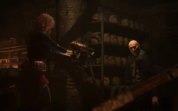 HD PC desktop wallpaper/background of the horror video game Tormented Souls 2: a woman aims a shotgun at a bald man in a dim, jar-lined cellar, tense shadows and eerie lighting.