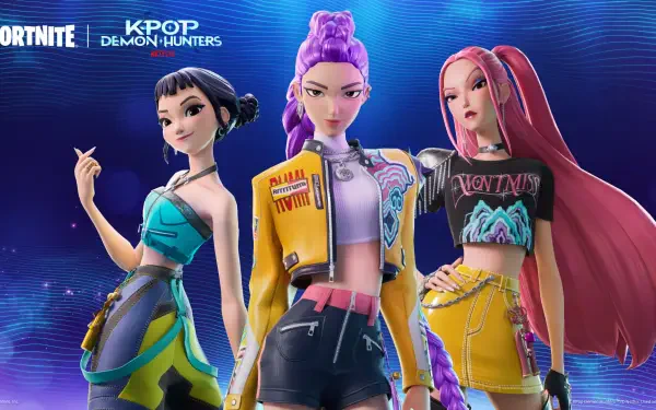 HD PC desktop wallpaper of Fortnite KPop Demon Hunters featuring Rumi, Mira and Zoey — three stylized female fighters in colorful futuristic K-pop outfits against a neon blue backdrop.