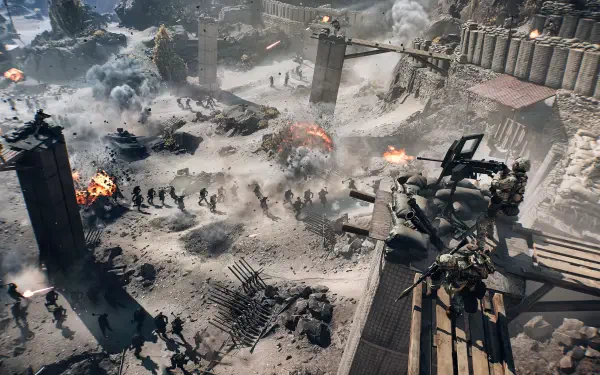 Epic Battlefield 6 video game scene in 4K Ultra HD: soldiers and armored mechs storm a snowy, war-torn fortress as explosions and aircraft fill the sky — PC desktop wallpaper.