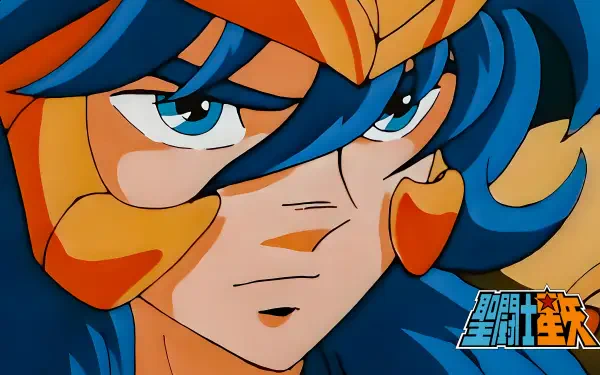 Close-up of Scorpio Milo (Saint Seiya), blue‑haired warrior in gold helmet and armor with a determined gaze — 4K Ultra HD PC desktop wallpaper/background.