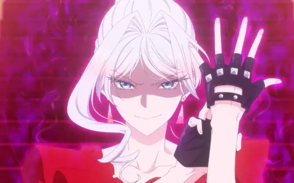 HD PC desktop wallpaper: Scarlett El Vandimion from May I Ask for One Final Thing? — white‑haired anime woman smirking against a glowing magenta background, raised gloved hand with pink light.