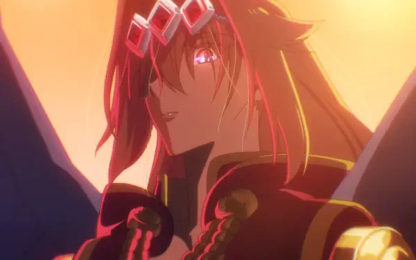 HD anime PC desktop wallpaper of Lufas Maphaahl from A Wild Last Boss Appeared!, dramatic close-up with red hair, crown-like headpiece, glowing eye and warm backlight.