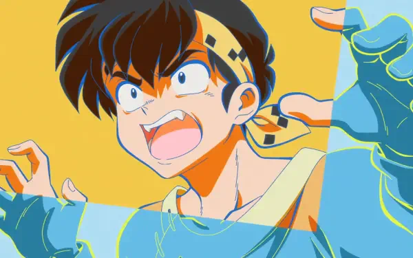 Anime Ranma ½ HD PC desktop wallpaper showing Ranma shouting with a bandana and gloves, vibrant yellow background and a dynamic, energetic pose.