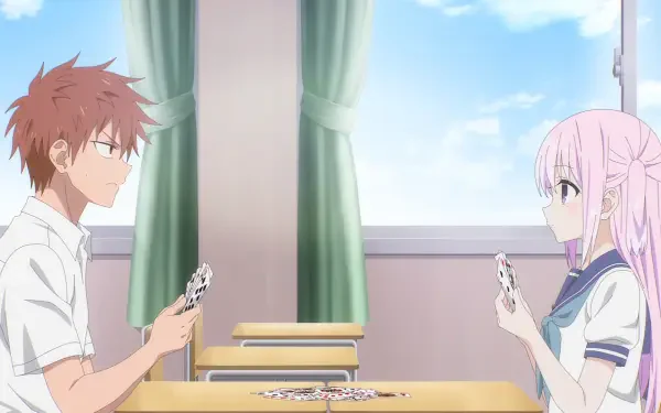 HD PC anime desktop wallpaper of inexpressive Kashiwada and expressive Oota facing each other at a classroom desk, holding cards beneath a sunlit window.
