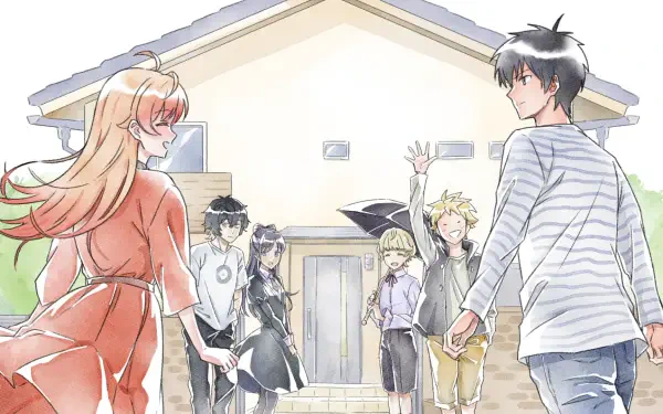 HD PC desktop wallpaper from anime WITCH WATCH: Nico Wakatsuki and Morihito Otogi with friends standing outside a sunlit house in a bright, cheerful scene.