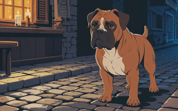 4K Ultra HD PC desktop wallpaper showing a stylized boxer (dog) on a cobblestone street at night, bathed in warm window light and candle glow.