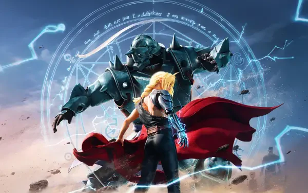 Fullmetal Alchemist: Brotherhood 4K Ultra HD PC wallpaper — Edward Elric in a red coat with automail arm stands before Alphonse's armored form and a glowing transmutation circle.