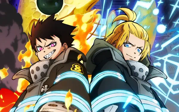 Fire Force anime 2K Quad HD PC desktop wallpaper: Shinra Kusakabe and Arthur Boyle back-to-back, unleashing roaring orange flames and crackling blue electric energy.