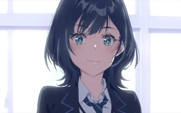 Anime HD PC wallpaper of Yuzuki Nanase in 'Chitose Is in the Ramune Bottle' — dark-haired schoolgirl with green eyes, blazer and tie, smiling against a bright window.