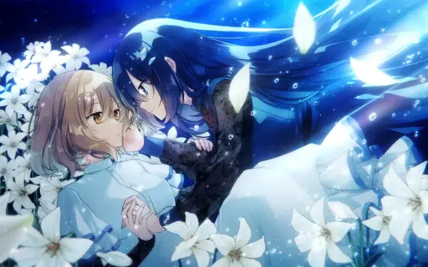 HD anime desktop wallpaper of Hinako Yaotose and Shiori Oumi from This Monster Wants to Eat Me: blue-haired girl tenderly leans over a blonde amid white lilies and drifting glowing petals.