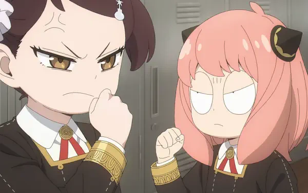Anime HD PC desktop wallpaper, Spy x Family: Anya Forger and Becky Blackbell in school uniforms, glowering at each other in a locker room setting.
