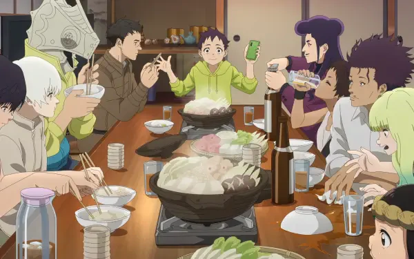 Anime 'To Your Eternity' HD PC desktop wallpaper and background: characters gathered around a wooden table sharing a lively hot-pot meal, warm lighting.