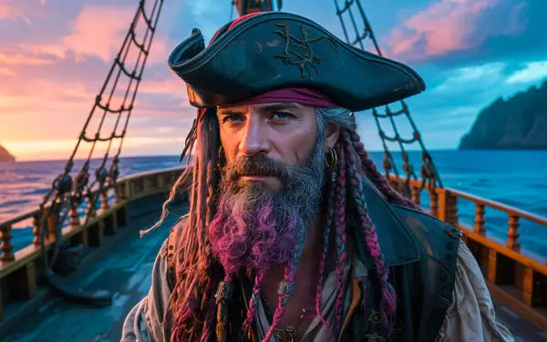 4K Ultra HD PC Desktop wallpaper and background of a weathered pirate with braided pink beard and tricorn hat standing on a wooden ship at sunset, ocean and cliffs behind him.