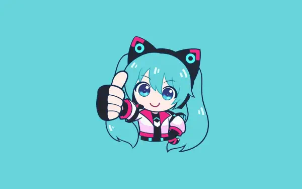 Chibi Hatsune Miku in a pink-and-black racing outfit with cat-ear headset giving a thumbs-up on a teal background — Sonic Racing: CrossWorlds HD PC desktop wallpaper.