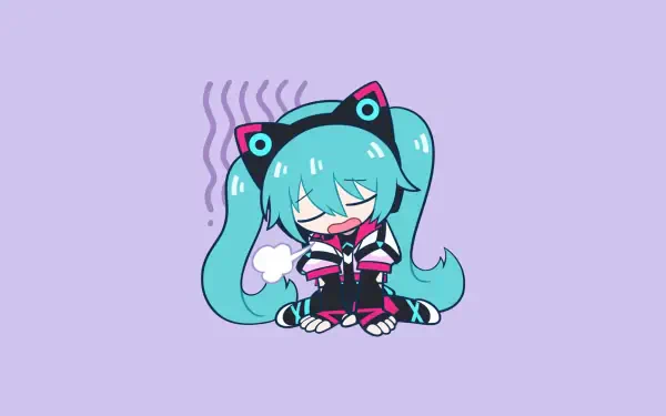 Chibi Hatsune Miku in Sonic Racing: CrossWorlds outfit, teal twin-tails and cat-ear headset, sitting with eyes closed and a small sigh; HD PC desktop wallpaper on a lavender background.