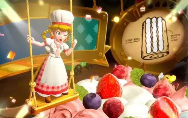 Princess Peach Showtime! HD PC desktop wallpaper/background, Princess Peach in a chef outfit on a swing above a giant cake topped with fruit, under colorful stage lights.