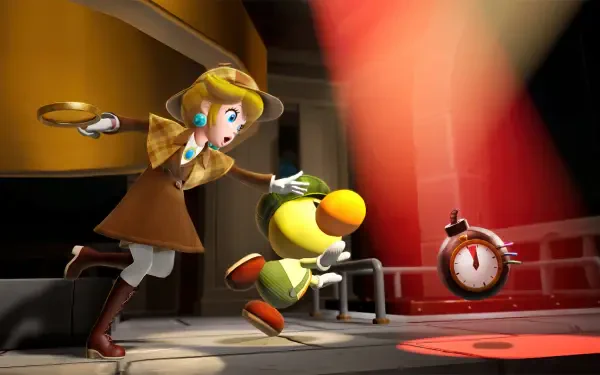 HD PC desktop wallpaper/background: Princess Peach in a golden hooded outfit reaches for a fleeing small yellow Toad as a spotlight and alarm clock light up the stage.