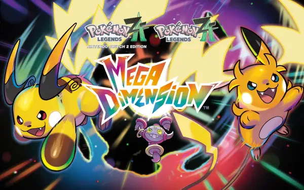 5K Ultra HD PC desktop wallpaper and background for Pokémon Legends: Z-A - Mega Dimension, showing the Mega Dimension logo and two electric Pokémon sprinting across a colorful cosmic burst.