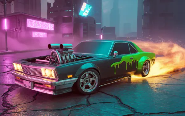 Drifting supercharged muscle car with neon-green paint drips and flaming tire smoke on wet cyberpunk streets — 4K Ultra HD PC desktop wallpaper and background.