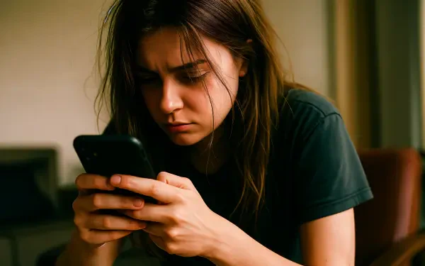 Close-up of a person fixated on a smartphone, exhausted and absorbed — phone addiction. 4K Ultra HD PC desktop wallpaper and background.