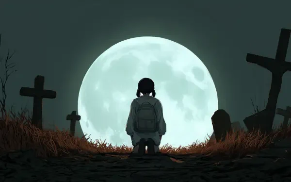Spooky anime 4K Ultra HD PC desktop wallpaper: a silhouetted girl kneels in a moonlit graveyard, enormous full moon behind crosses and windswept grass.