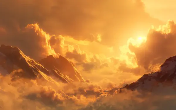 4K Ultra HD PC desktop wallpaper: golden sunrise over mist-covered mountain peaks and glowing clouds in a tranquil nature scene.