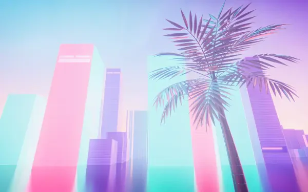 Vaporwave city skyline of pastel neon skyscrapers and a silhouetted palm, 4K Ultra HD PC desktop wallpaper and background.