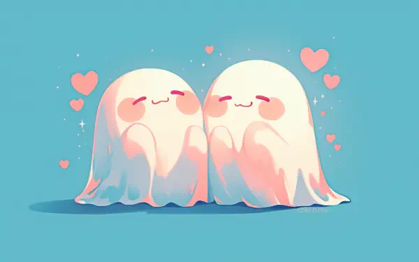 Cute aesthetic anime AI art wallpaper: two blushing ghost characters with floating hearts on a teal background — Halloween 2K Quad HD PC desktop background.