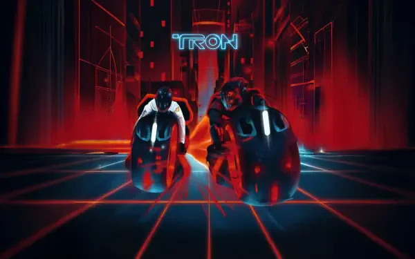 Tron: Ares 4K Ultra HD PC desktop wallpaper and background showing two light-cycle riders racing on a neon red-blue grid beneath the glowing TRON logo.