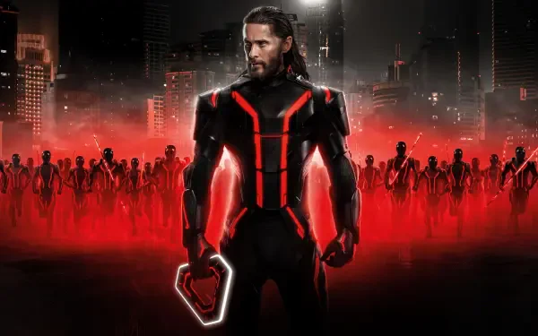 Tron: Ares 5K Ultra HD PC desktop wallpaper and background — armored figure in black suit with red neon lines holds a glowing disc, leading a red-lit army against a futuristic city skyline.
