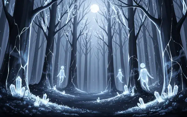 Eerie haunted forest by moonlight with glowing ghostly figures and crystalline clusters among bare trees — 4K Ultra HD PC Desktop Wallpaper and Background.