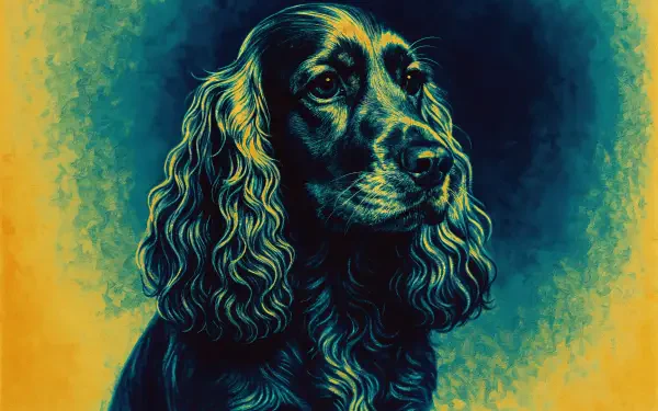 4K Ultra HD PC desktop wallpaper showing a stylized cocker spaniel portrait in teal and gold with painterly textures.