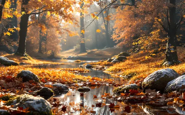 Autumn forest stream bathed in golden sunlight, fallen leaves and mossy rocks — 4K Ultra HD PC desktop wallpaper and background.