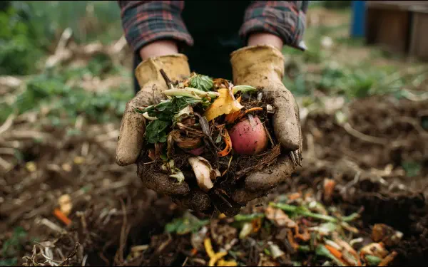 Gloved hands holding vegetable scraps and peelings over a rich compost heap in a garden — 4K Ultra HD PC desktop wallpaper and background.